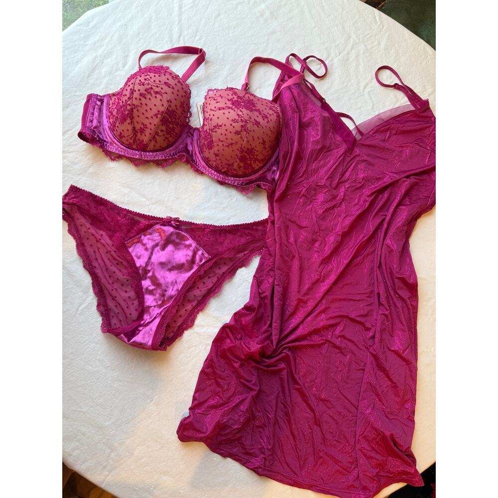 VS Dream Angels Velvet Flocked Dot Lace Bra Panty Slip Dress 3PC Set Magenta